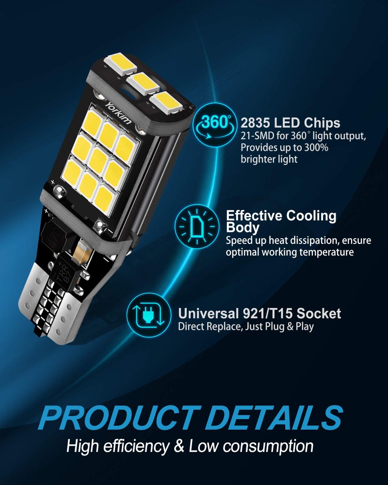 Yorkim 921 LED Bulb 6000K White 921 led reverse lights Bright 21-SMD 2835 Chips Error Free T15 led Backup Light Bulbs 906 904 902 W16W 912 lights for car, Pack of 2 - Image 4